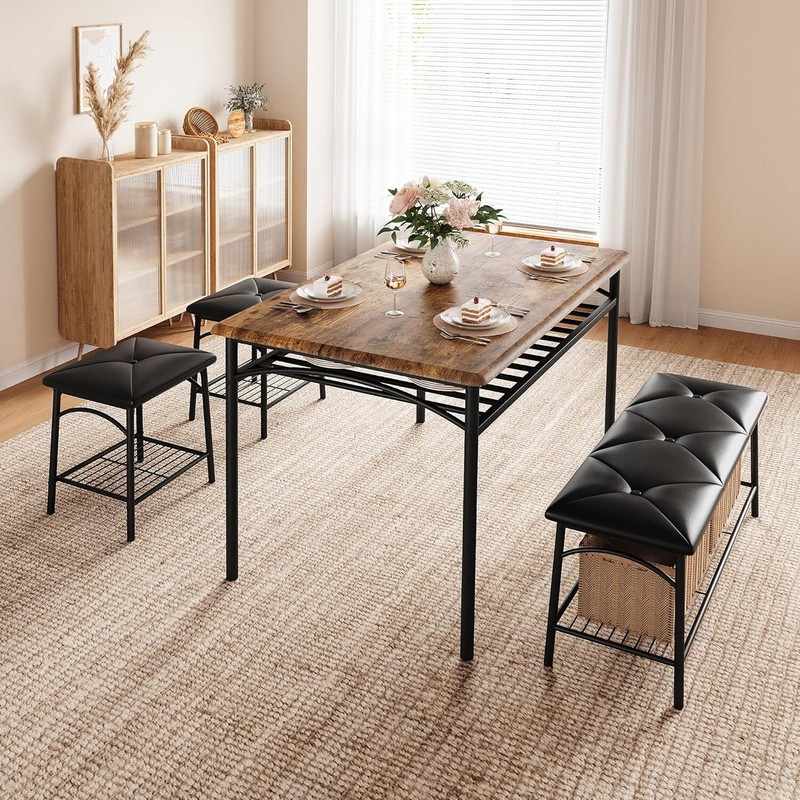 Dining Table Set for 4 with Upholstered Benches and Stools Kitchen Table Storage gallery