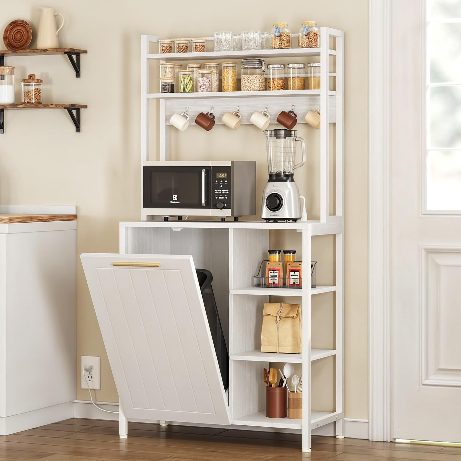DWVO White Bakers Rack 63in Tilt Out Trash Cabinet Power Outlet gallery