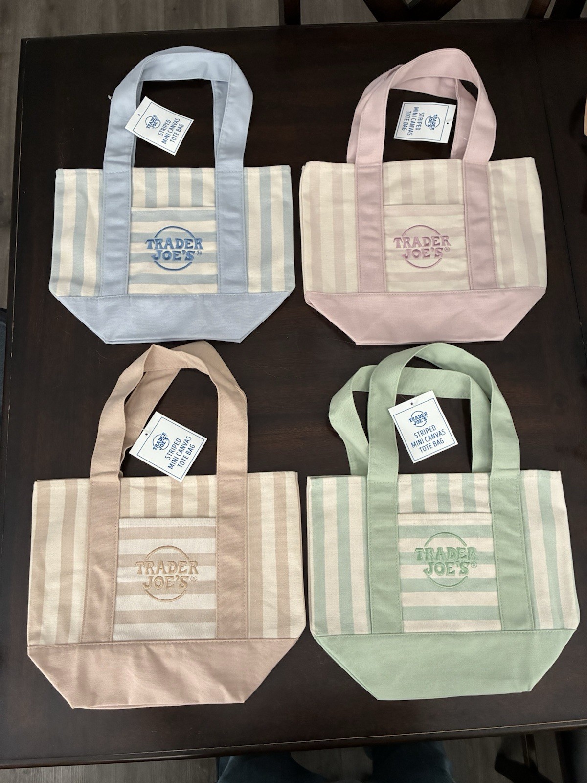 TRADER JOES ~ 4 MINI CANVAS STRIPED LIGHT GREEN, PINK, BLUE & TAN TOTE BAGS ~NEW gallery