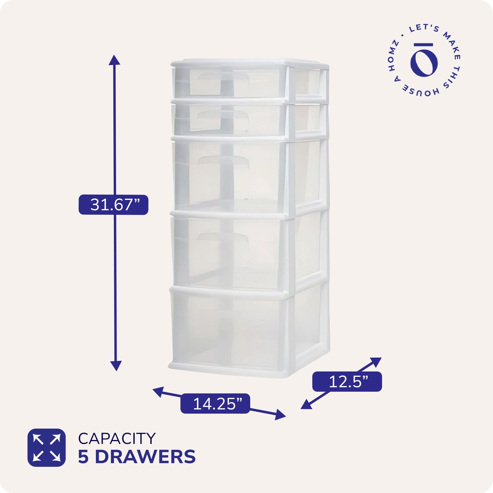 Homz Plastic 5 Drawer Medium Home Storage Cart, White Frame with Clear Drawer gallery