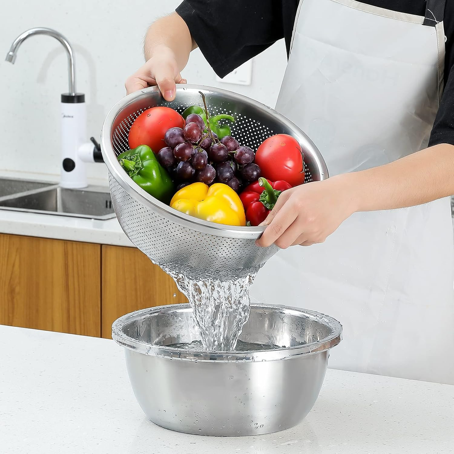 304 Stainless Steel Microporous Colander,2Qt Large Capacity with Mixing Bowl for gallery