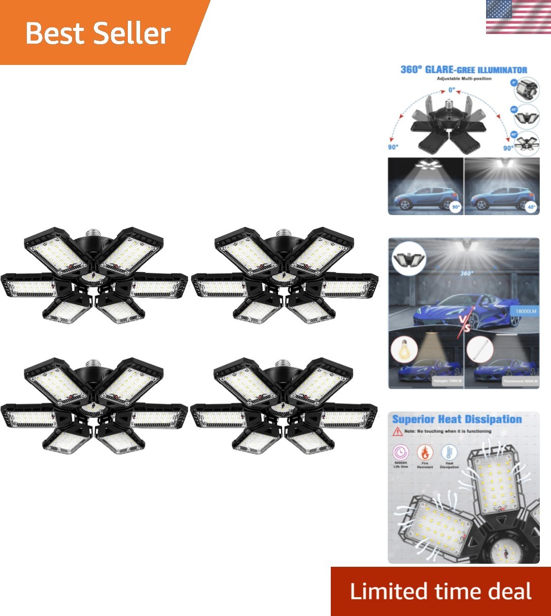 LED Garage Lights 4 Pack -180W, 18000LM 6500K Led Shop Light with 6+1 Deforma... gallery