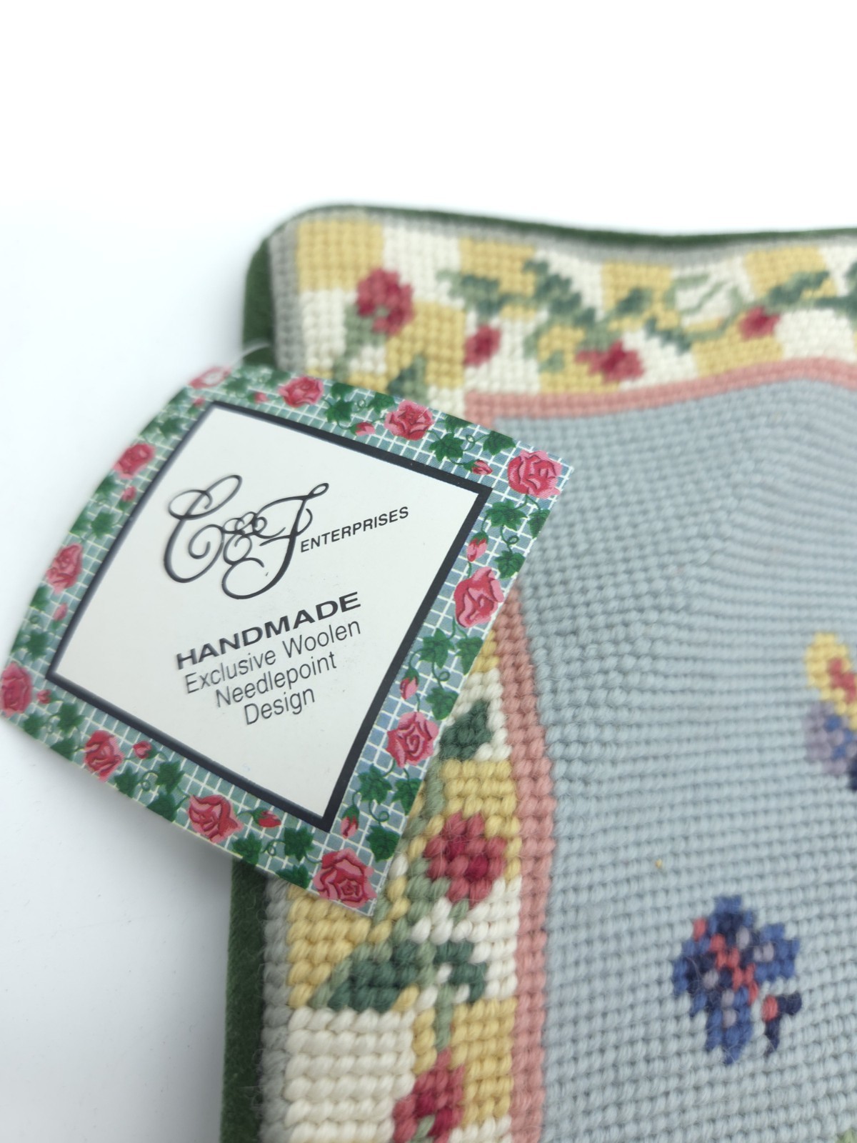 NEW Wool Floral Needlepoint Throw Pillow Cover Green Butterfly Garden 16x12 gallery
