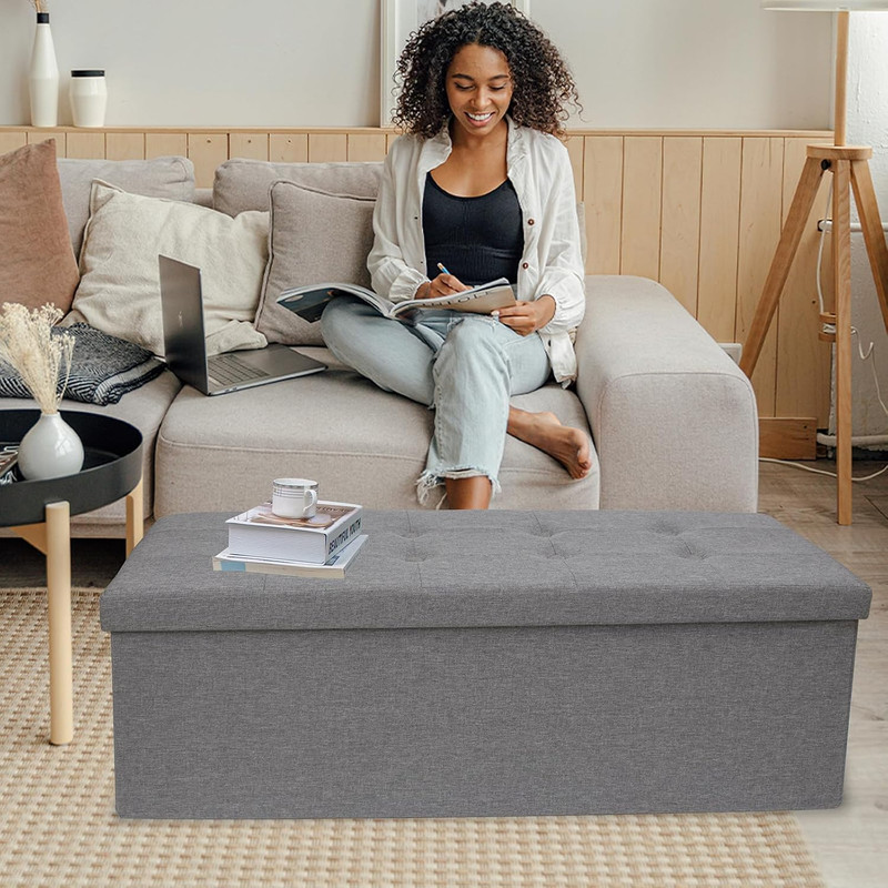 Folding Storage Ottoman Bench - 660 lb Capacity, Dark Grey, 43.3 Inches gallery