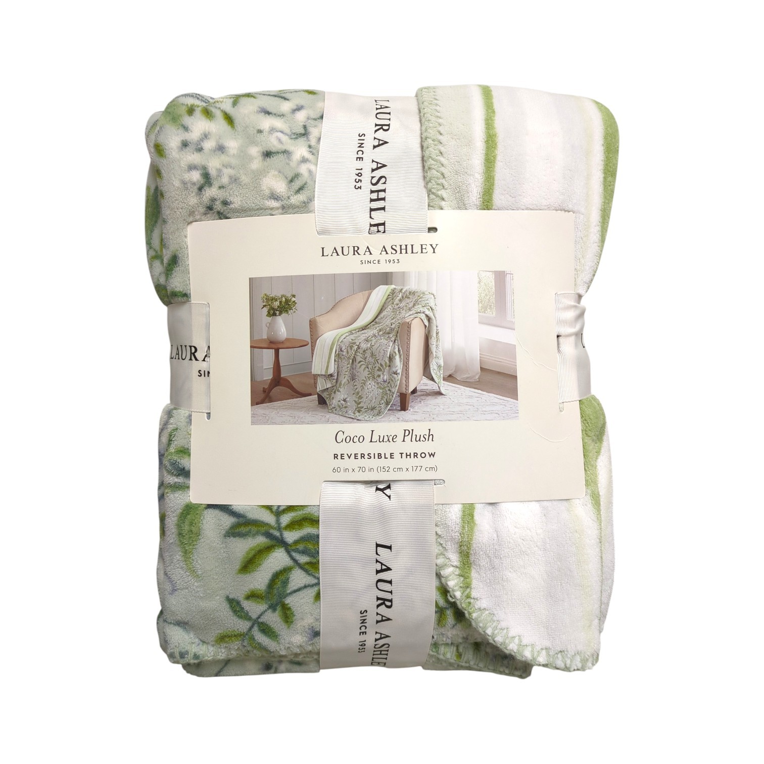 Laura Ashley Coco Luxe Plush Reversible Throw Blanket, 60in x 70in, Sage gallery