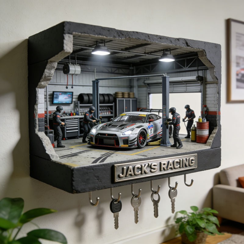 Custom Name Racing Garage Wall Hook Rack Car Key Holder Decor 2D Flat gallery