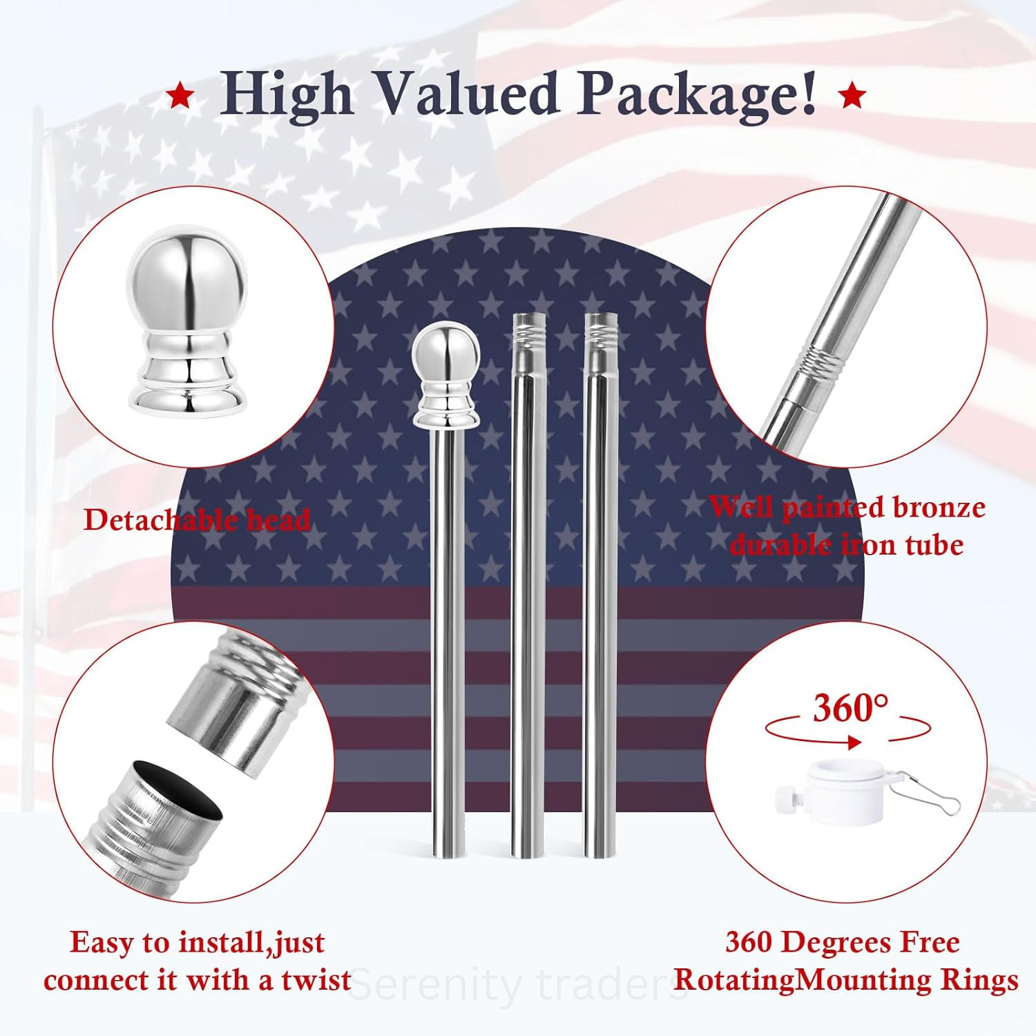5 FT Flag Pole for Kit, Tangle Free Spinning Weather Resistant Rustproof Metal gallery