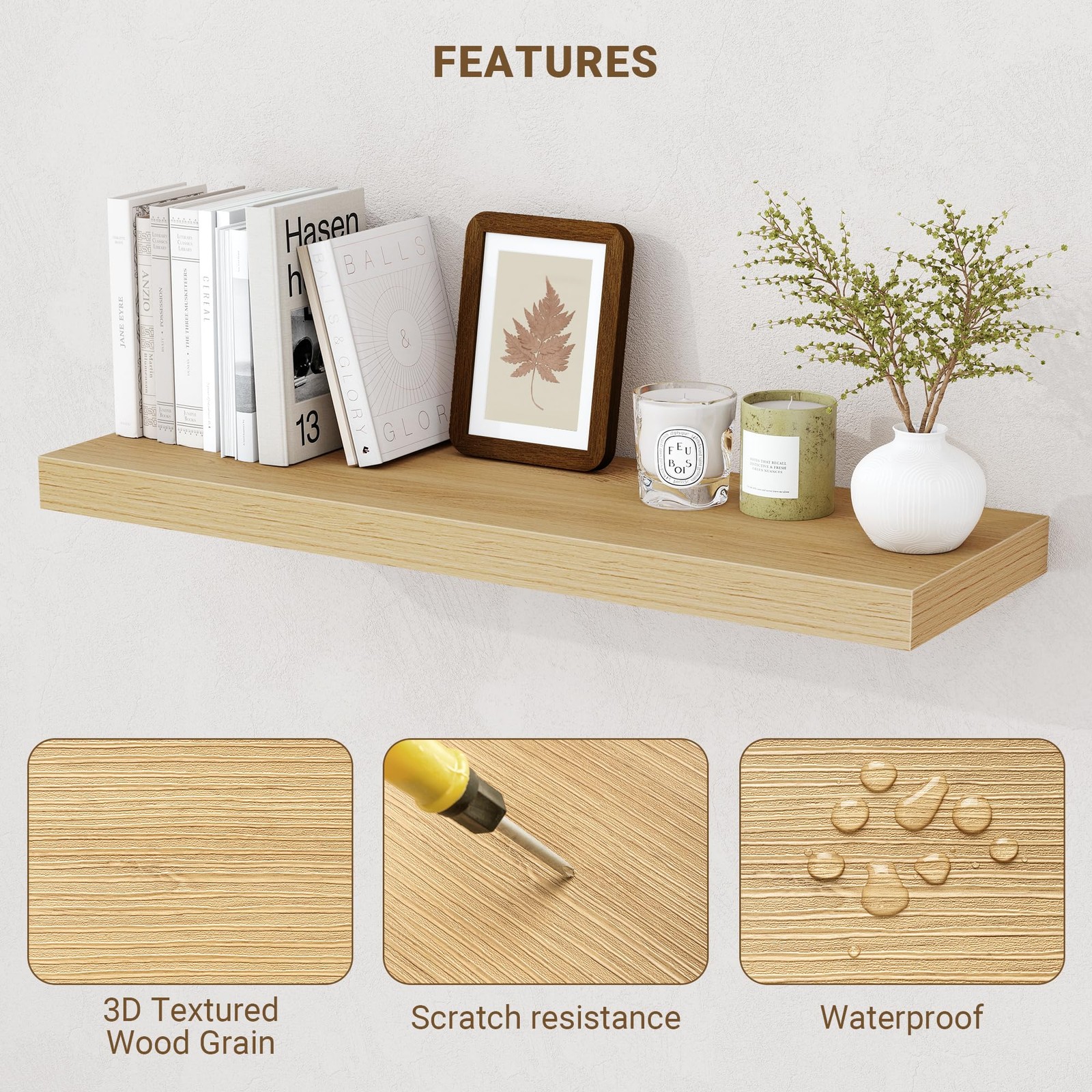 Floating Shelves 72 x9.25 3D Textured Wood Grain Natural Acovy Inch 72x9.25x1.5 gallery