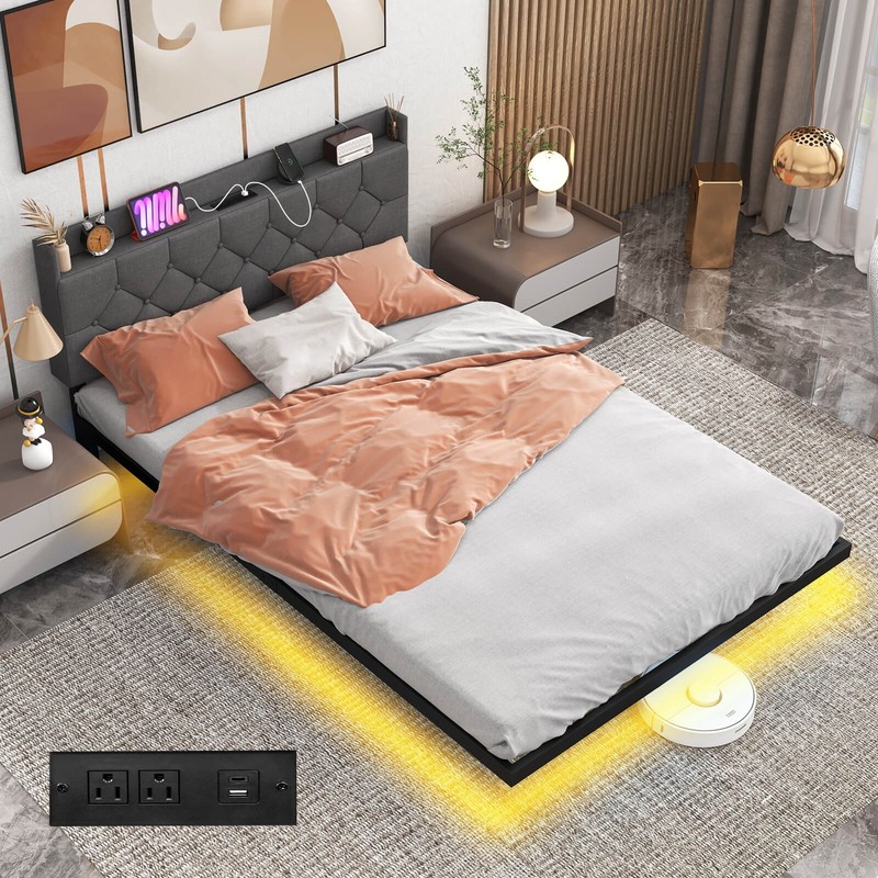 Full Size Floating Bed Frame with LED Lights Adjustable Upholstered Headboard gallery