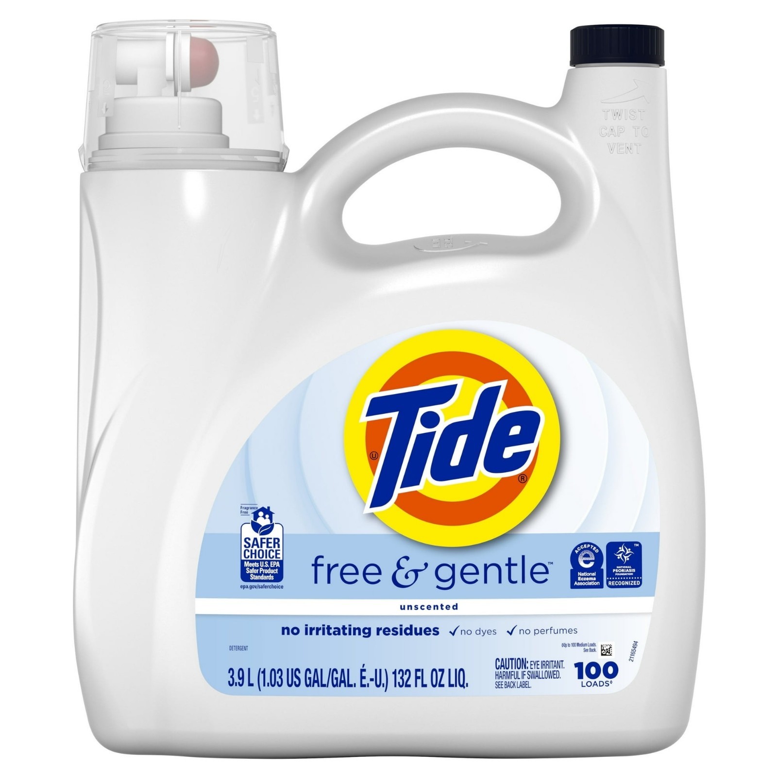 Tide Free & Gentle Liquid Laundry Detergent, 132 fl oz, enough for 100 loads gallery