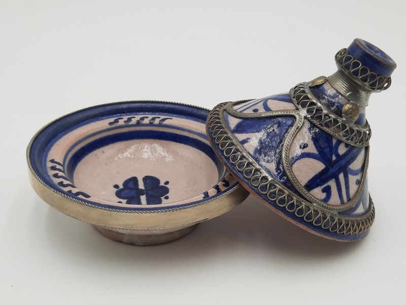 Moroccan Handmade Ceramic Tagine Pot Decorative Metal Blue Design 2-Piece 3.5" gallery