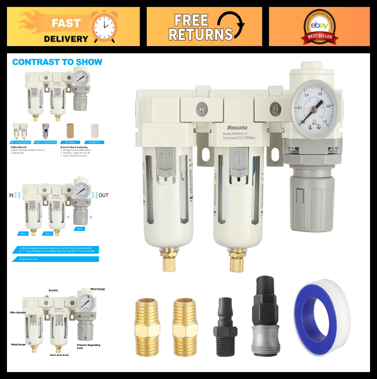 3/8" NPT Air Drying System - 5 Micron Filter, Pressure Regulator Combo, 0-125psi gallery