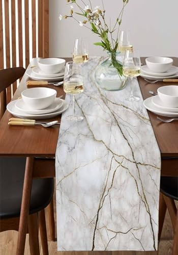 Marble Table Runner-Cotton Linen-Long 72 inche White Gray Gold Dresser Scarves,T gallery