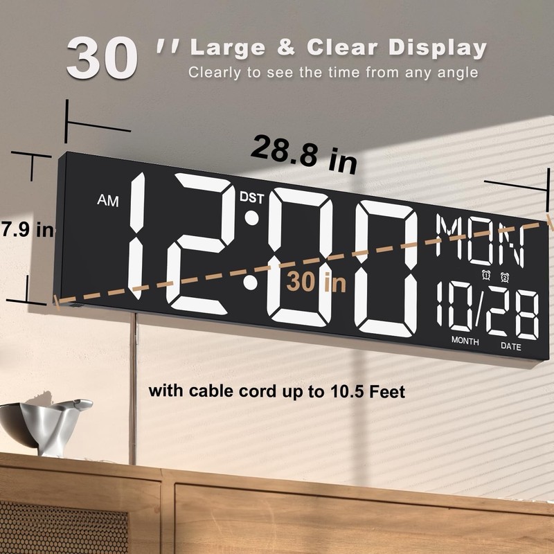 30" Large Digital Wall Mount Clock with Remote Control, Alarm, Auto DST gallery