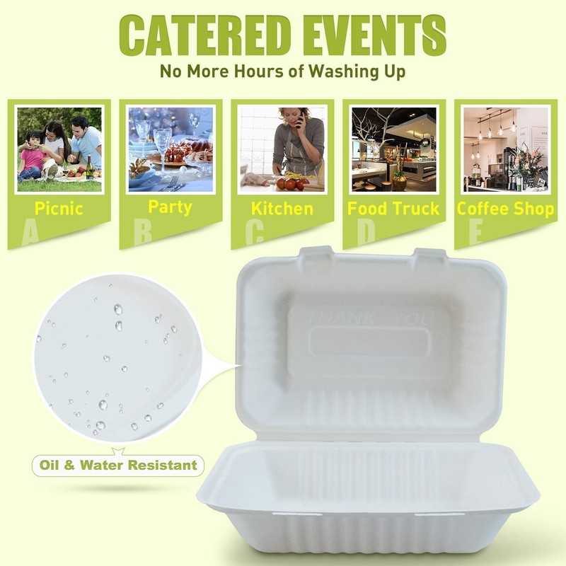 125 Pack 9x6x3 Compostable Clamshell Food Containers Hinged Take Out Boxes gallery