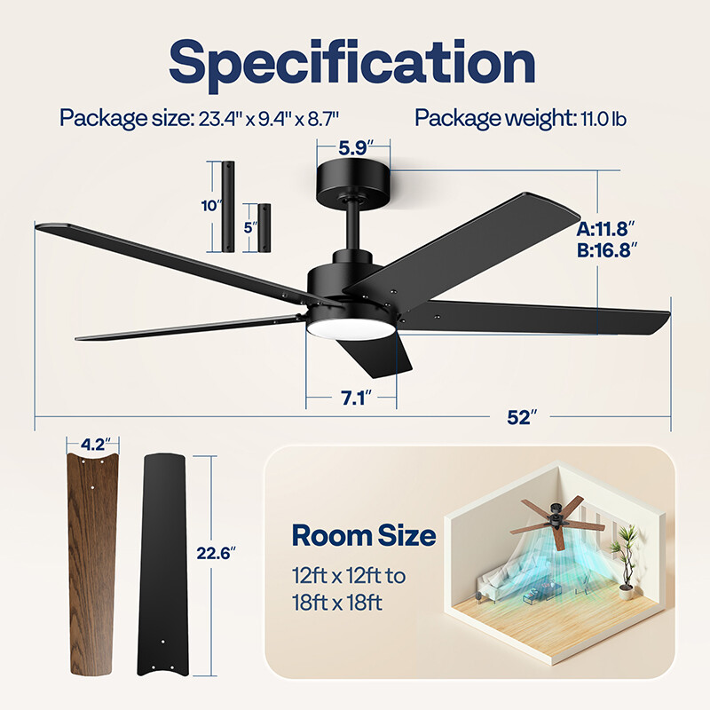 52'' Flush Mount LED Ceiling Fan with Light & Remote 6+1 Speeds, 3CCT, Dimmable gallery