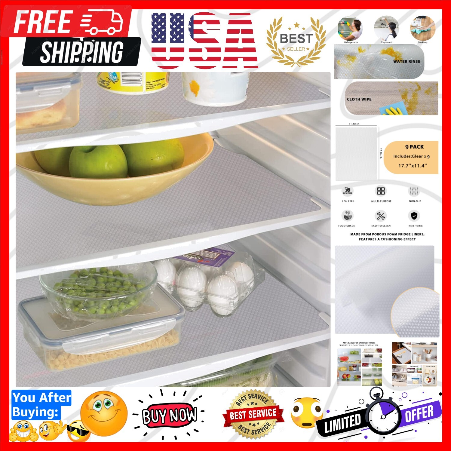 9 Pack Washable Waterproof Fridge Liners and Drawer Mats, Refrigerator Shelvi... gallery