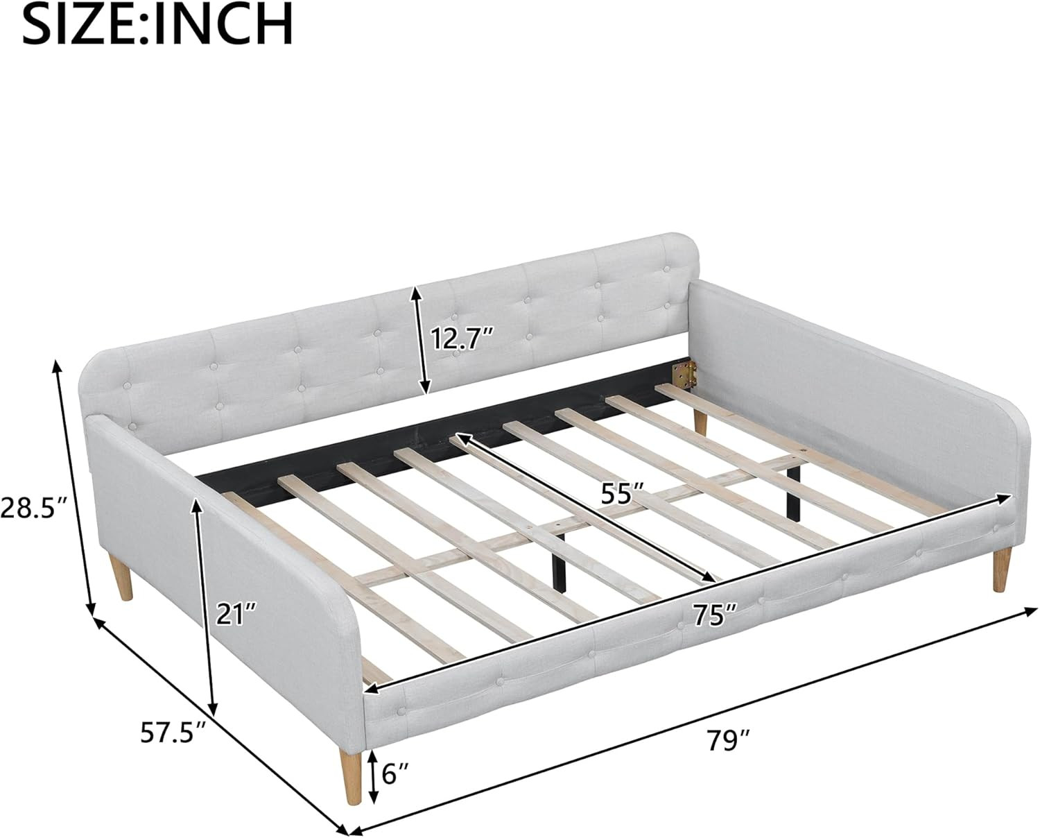 Stylish Beige Linen Daybed - 79" Full Size with Sturdy Wooden Legs gallery