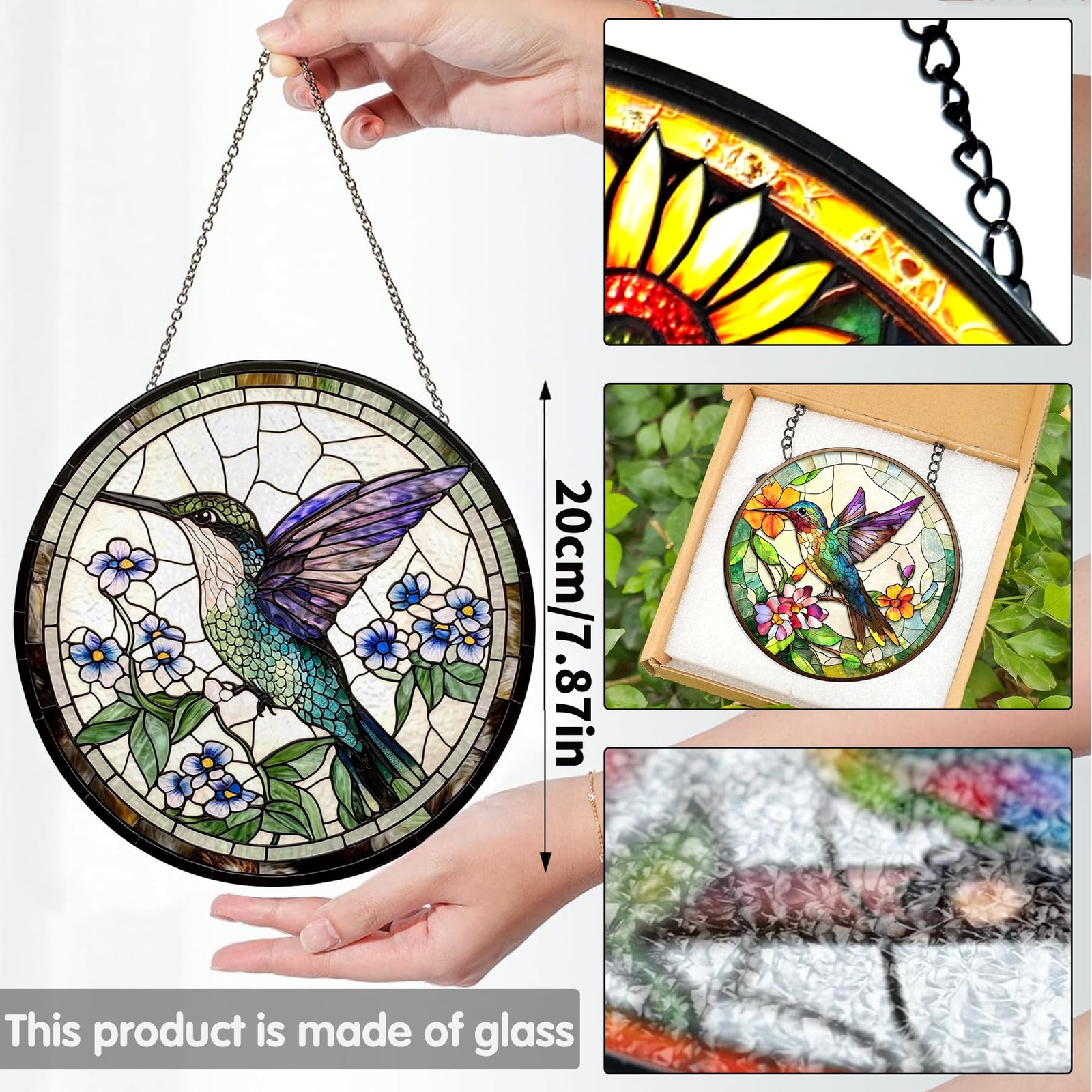 Stained Glass Hummingbird Suncatcher for Indoor Outdoor Window Decor 7.8" gallery