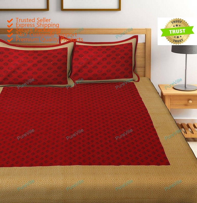 Double Bed Sheet With 2 Pillow Cover Screen Printed 4 Kaam Red Gad Buti Pure Cot gallery