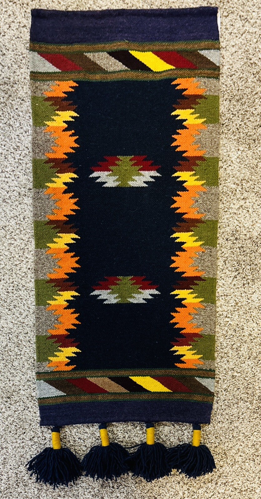 Hand Made Purple Blue Geometric Woven Wool Tapestry Tassels Wall Hanging Ecuador gallery