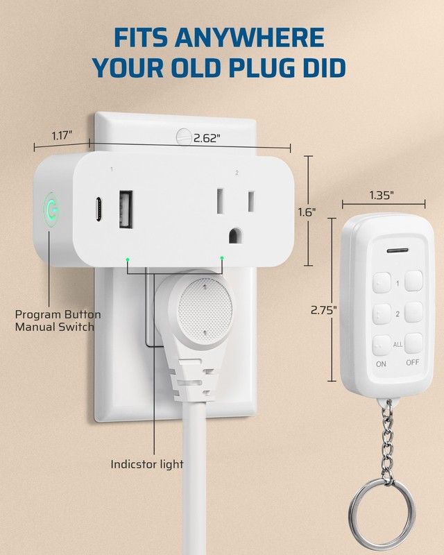 DEWENWILS Wireless Remote Control Outlet, 125V 15A 1875W, USB-A+C & AC Outlet gallery