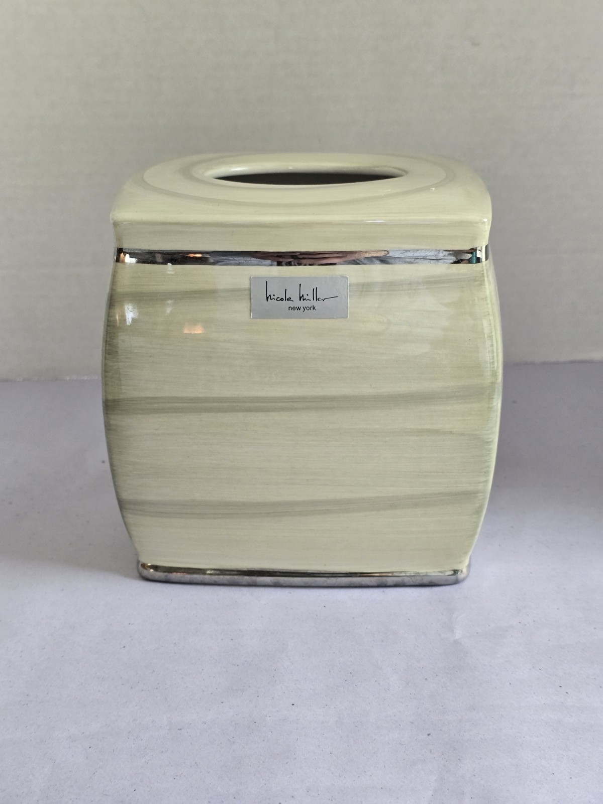Ceramic Tissue Box Cover Sage Green and Silver Nicole Miller New York gallery