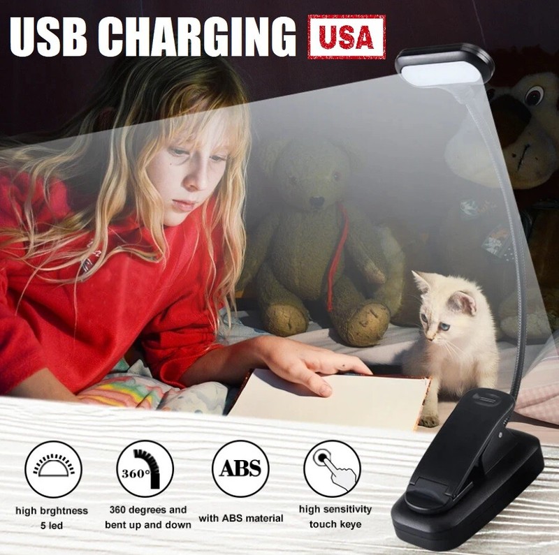 Small Table LED Reading Book Light USB Rechargeable Flexible Clip Desk Lamp USA gallery