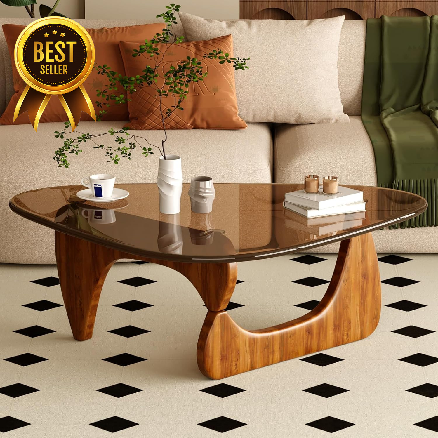 32" Mid Century Modern Coffee Table Glass Top Wood Center Table Walnut Brown gallery