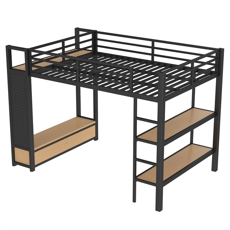 Full Size Loft Bed Frame w/Wardrobe,Metal Loft Bed with Storage Shelves Black gallery