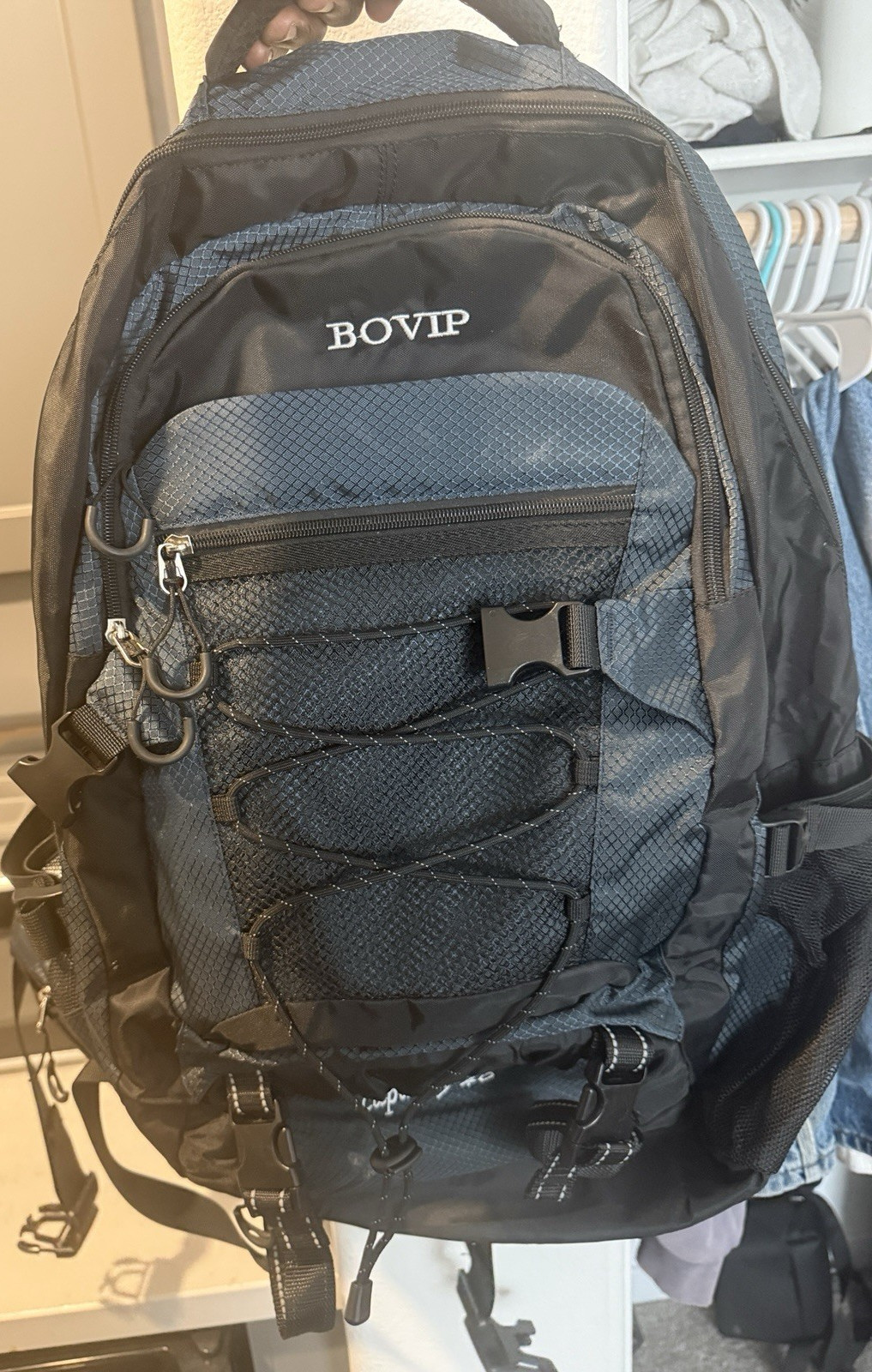 BOVIP Hiking Backpack Black Gray Polyester Adjustable Straps Compartments