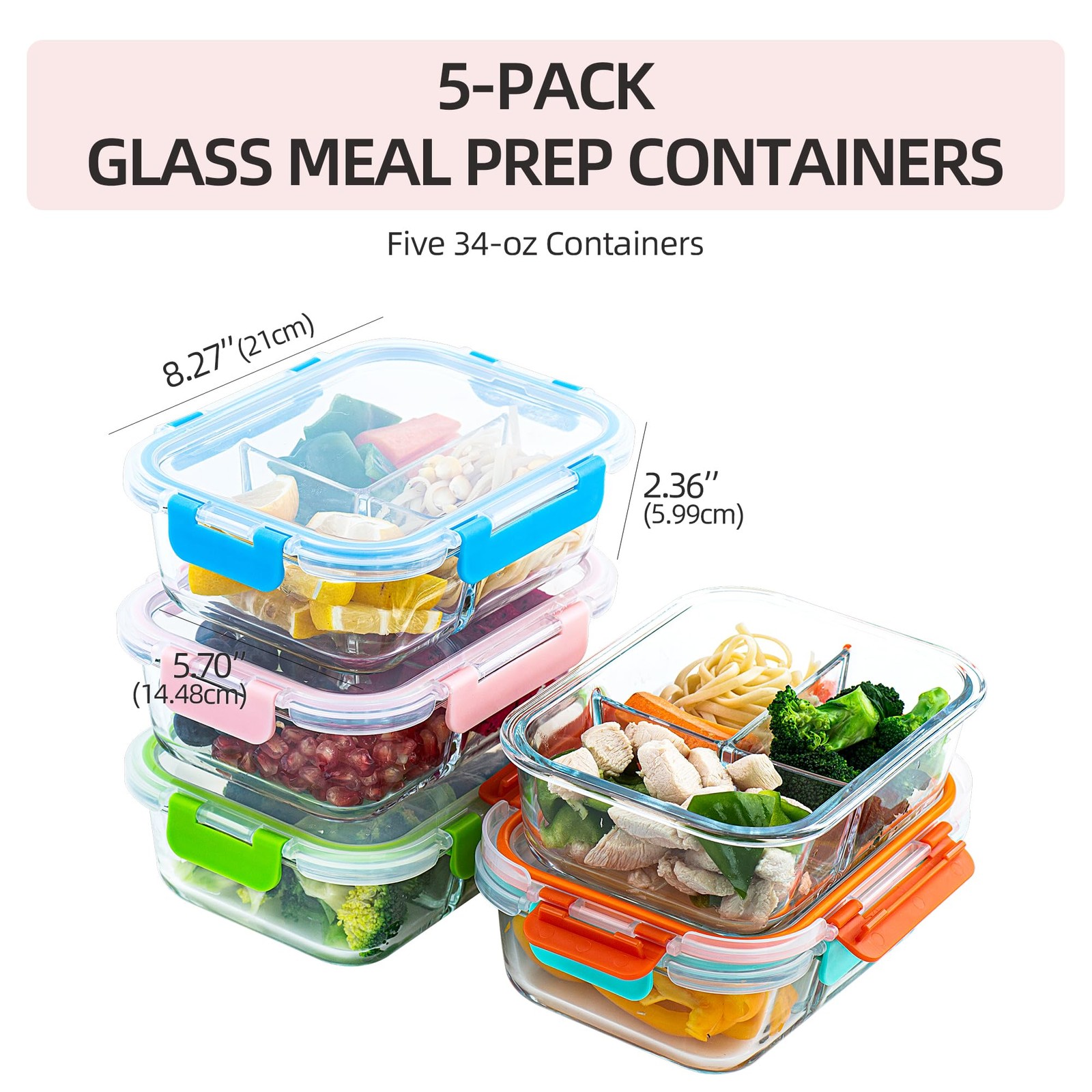 5-Pack,3 Compartment Glass Meal Prep Containers Set,34oz, Divided Food Storag... gallery
