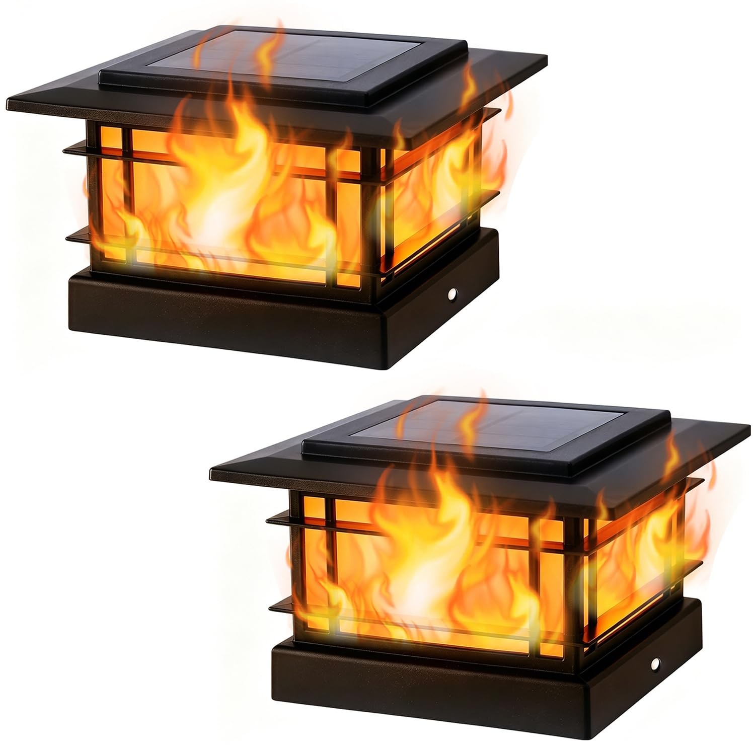 4x4 Solar Post Cap Lights Outdoor with Flickering Flame Light, Black Shell Fe... gallery