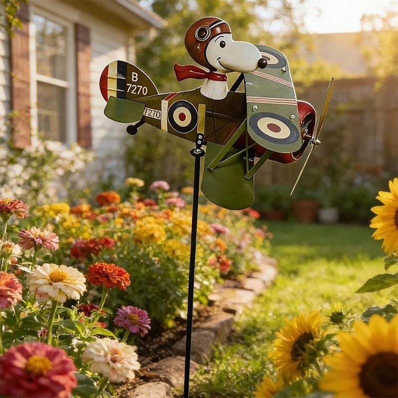 Snoopy Pilot Flying Biplane Vintage Wind Spinner 2D Metal Garden Windmill Decor- gallery