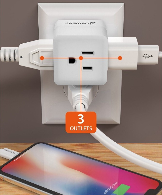 Fosmon 3 Outlet Extender Indoor Grounded AC Power Wall Tap Travel Adapter Plug gallery