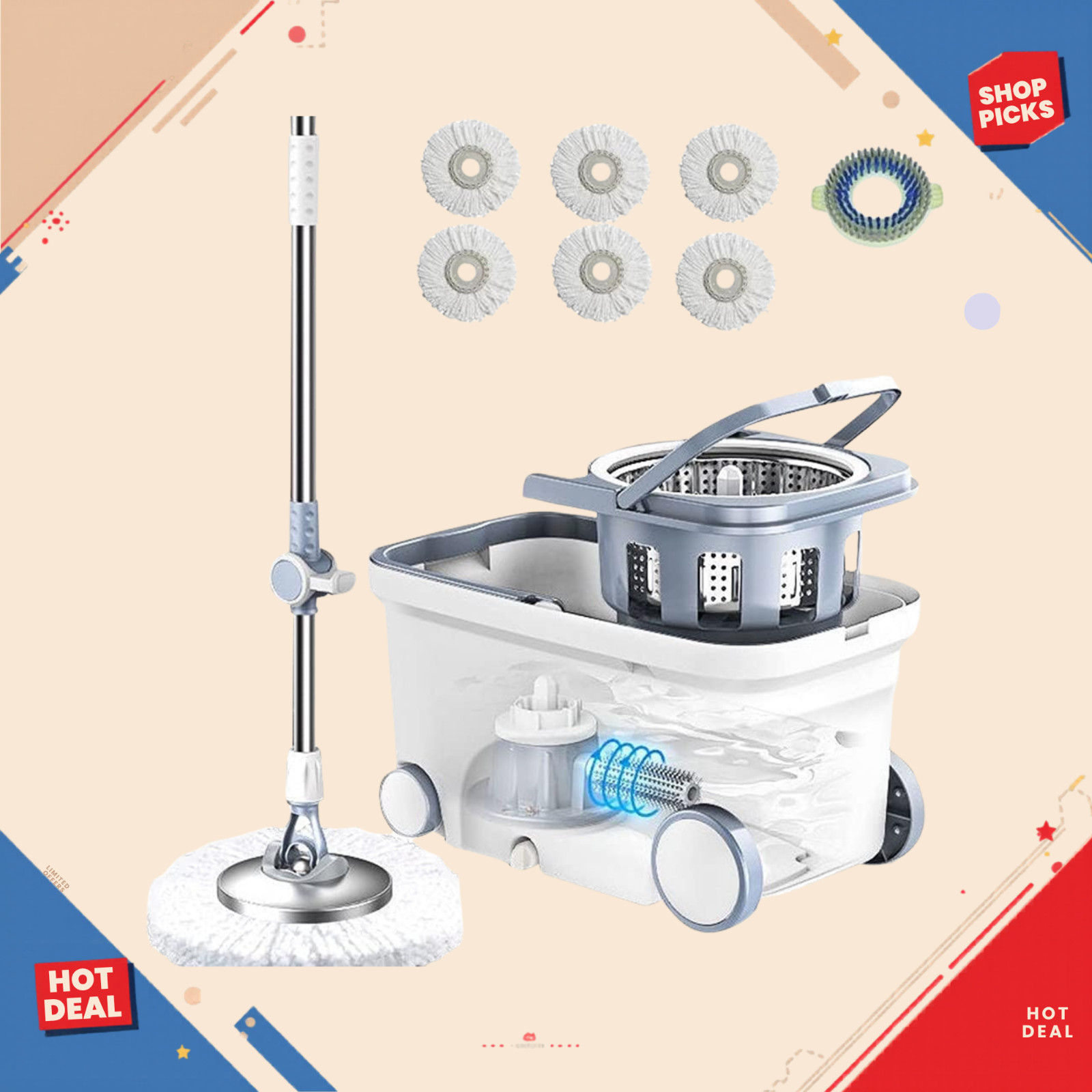 NEW Spin Mop Bucket 360° System 6 Refills 62in Handle Wheels Cleaning gallery