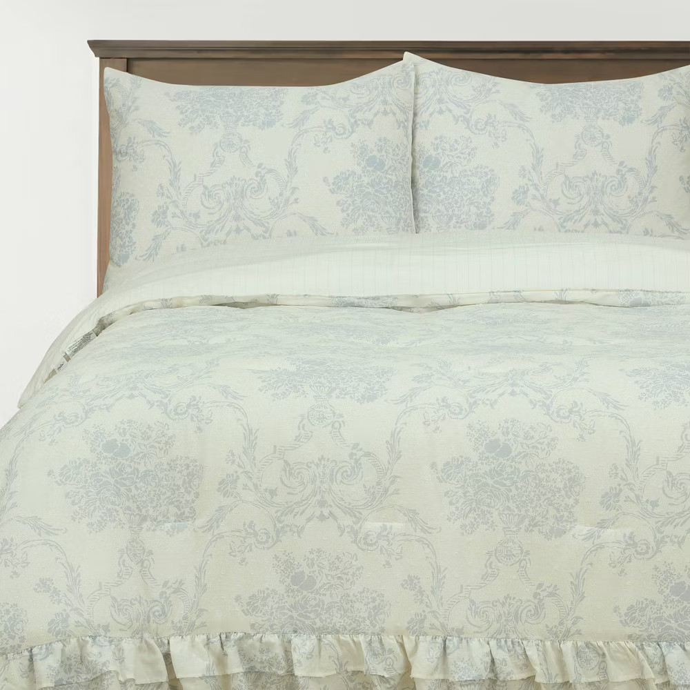Full/Queen Ruffle Comforter Set Blue Floral gallery