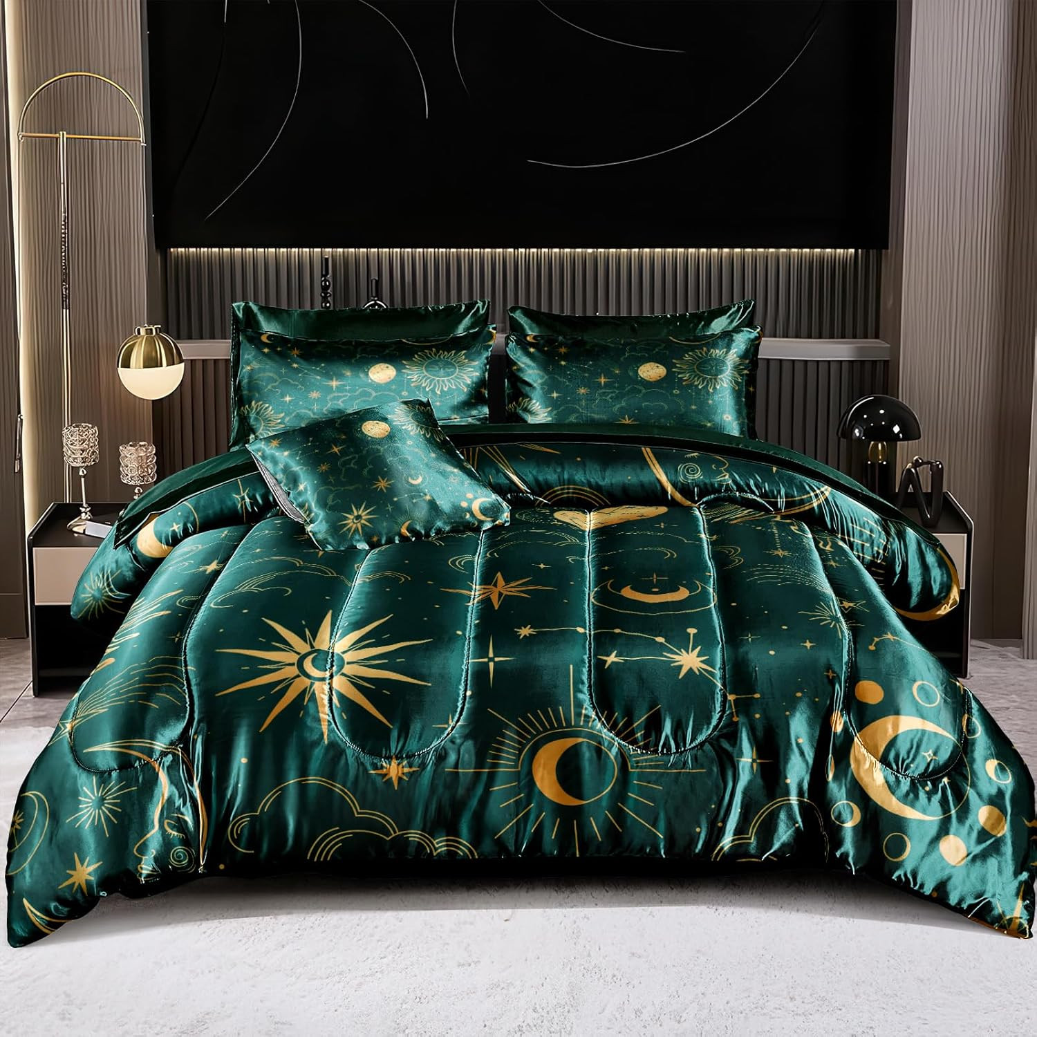 Sun and Moon Comforter Set Blue Green Satin Bedding Queen Stars Cloud Galaxy Com gallery