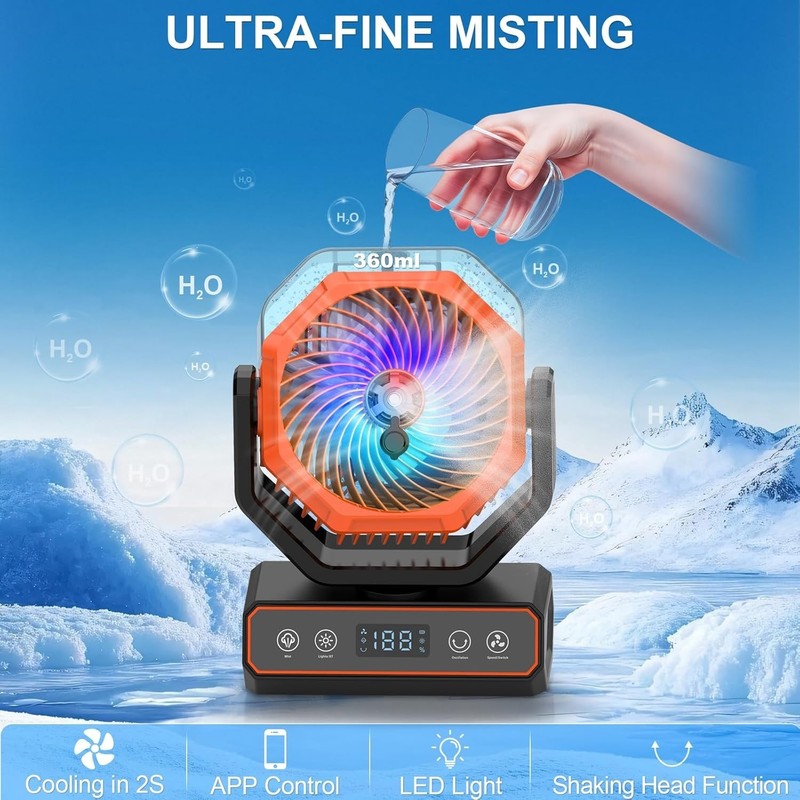 Smart Rechargeable Rotating Misting Camping Fan with RGB LED Light gallery