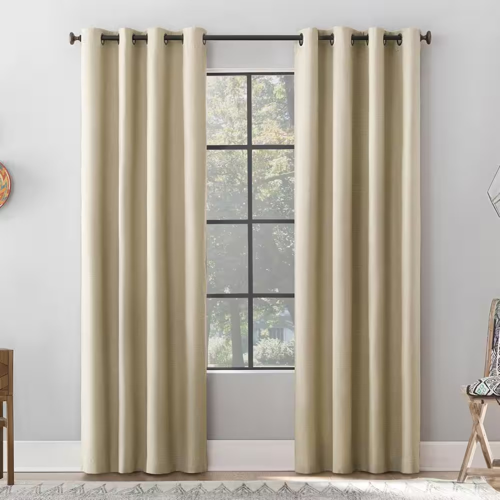 Gelso Textured Linen Polyester Blend Stone 50 In. W X 84 In. L Grommet 100% Blac gallery