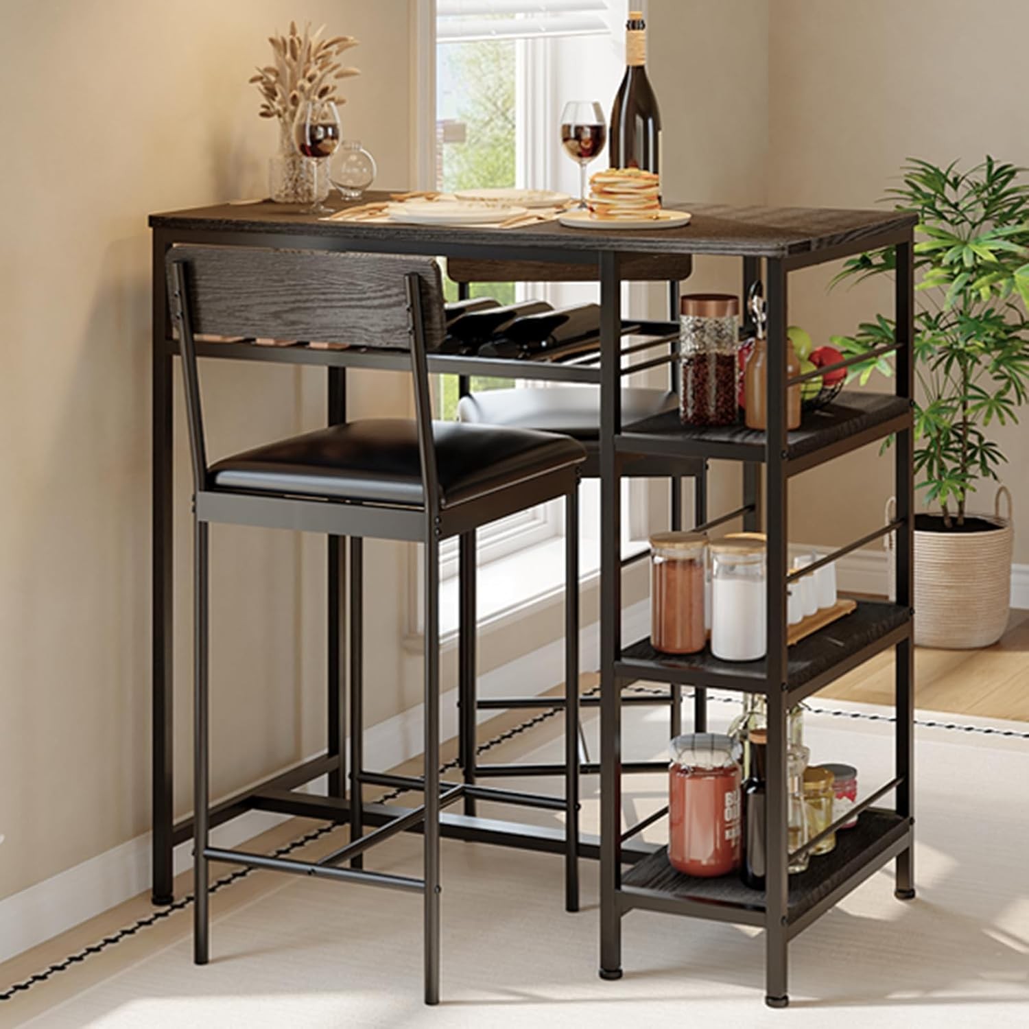 3pcs Dining Table Set for 2 Kitchen Dining Room with 2 Bar Stool and Wine Rack gallery