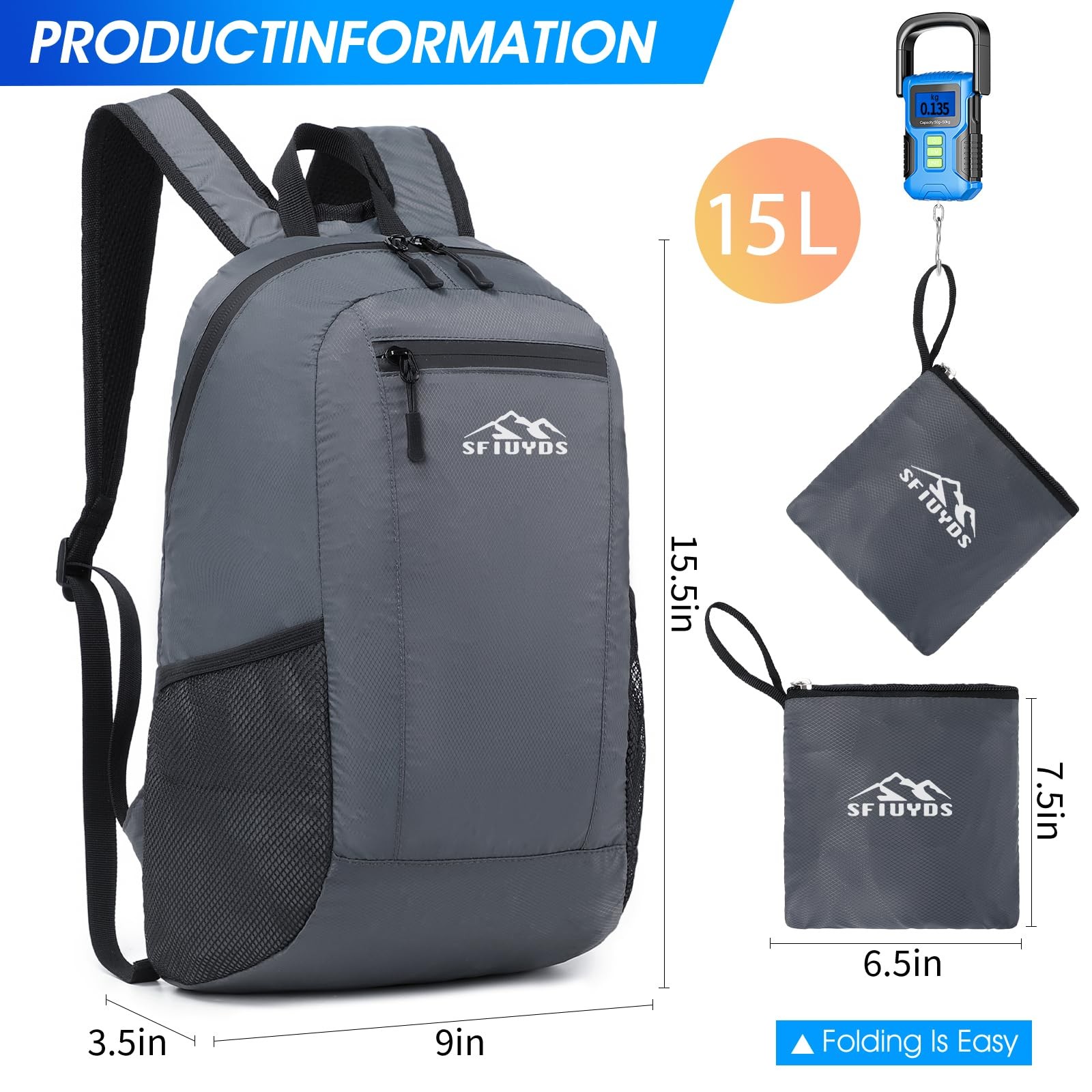 Lightweight Hiking Backpack Small Waterproof Daypack Foldable Nylon Grey 4
