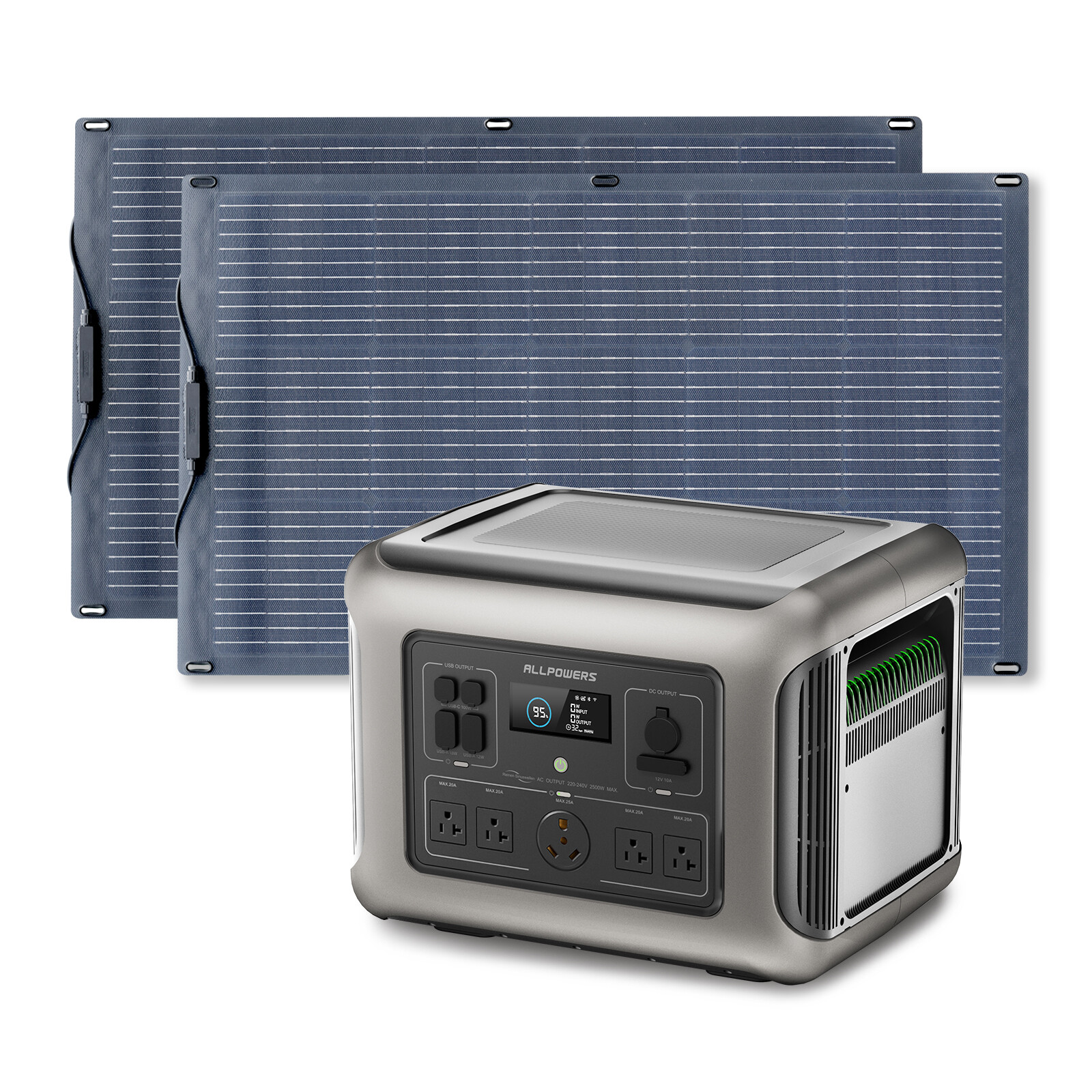 ALLPOWERS 2500W Portable Power Station with 2X Mono flexible 100W Solar Panels gallery