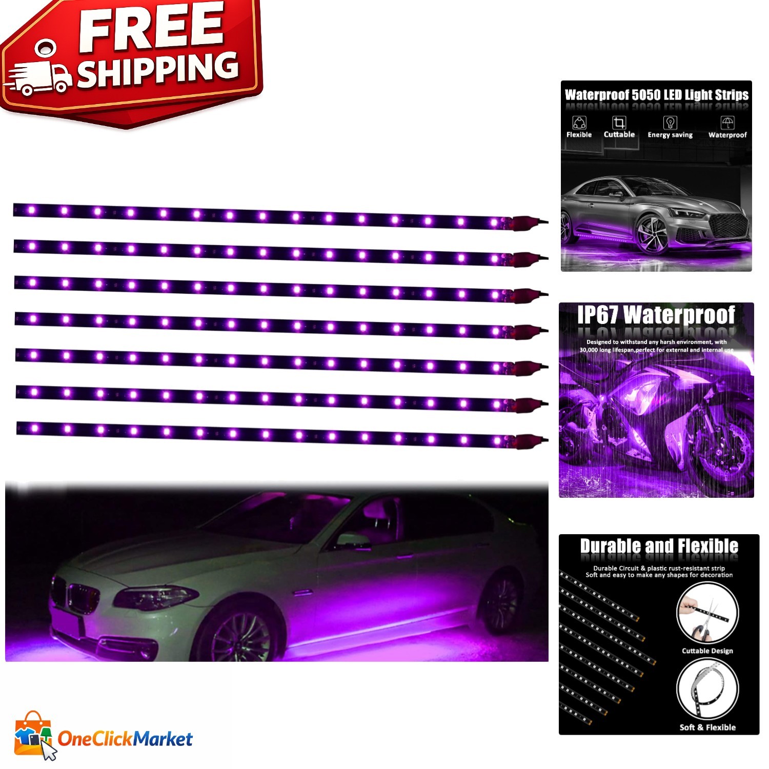 Vibrant 30cm 12V Purple LED Strip Lights - 8PCS Flexible & Waterproof for Cars gallery