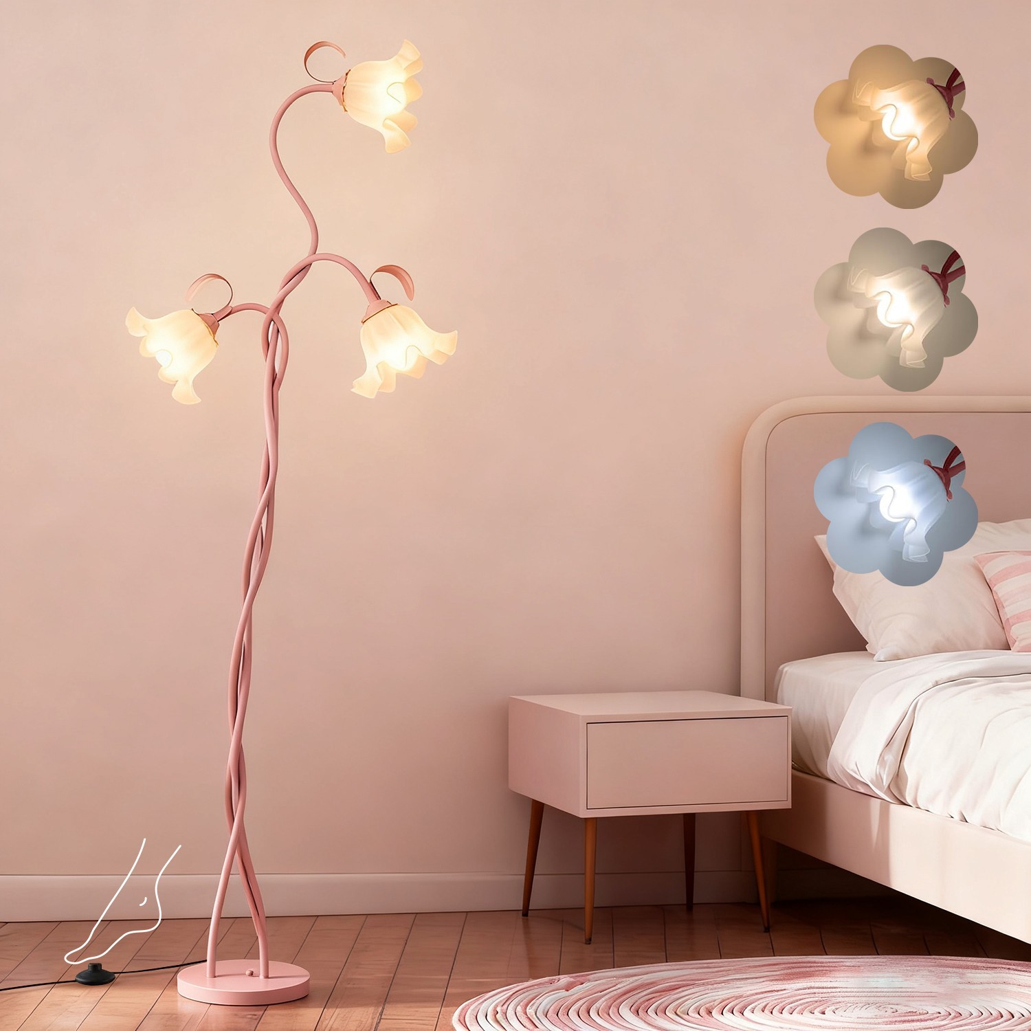 Pink 3-Light Flower Floor Lamp LED 3-Color Bulbs Flexible Stems Christmas Gift gallery