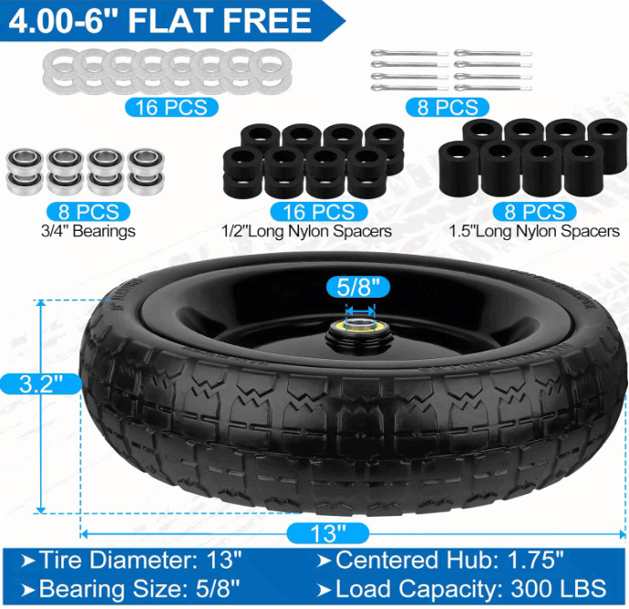 13" Flat Free Solid Tires 4.00-6, 5/8" Axle, Spacers & Pins, 4 Pack gallery