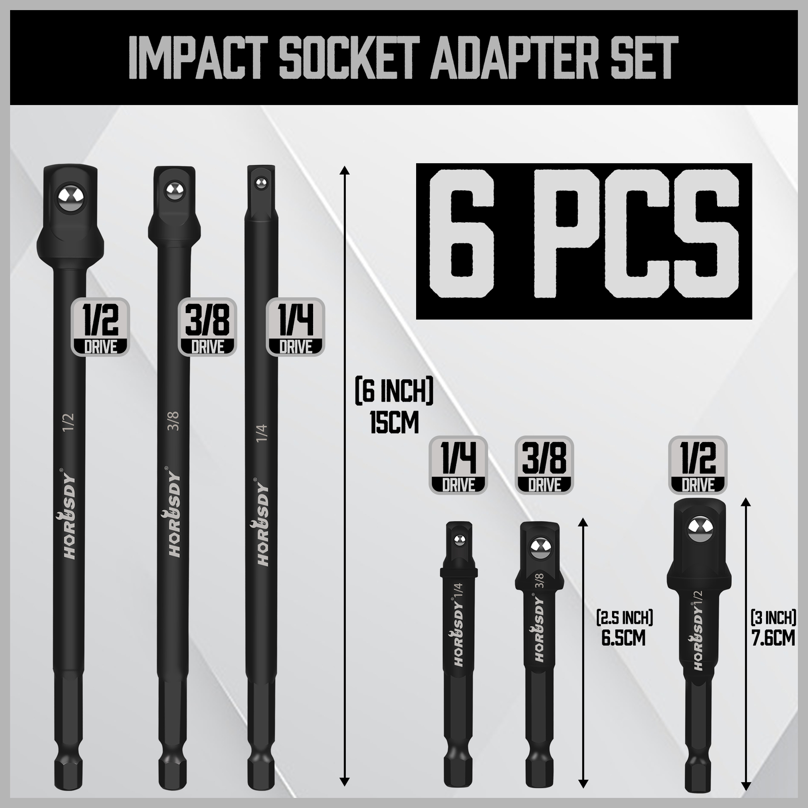 6 pc 6" & 3" Impact Grade Socket Adapter Set 1/4" 3/8" 1/2" Drive 1/4" Hex Shank gallery