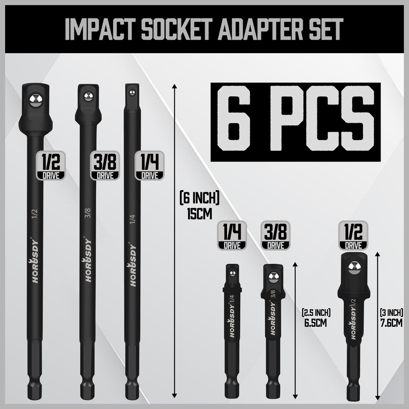 6 pc 6" & 3" Impact Grade Socket Adapter Set 1/4" 3/8" 1/2" Drive 1/4" Hex Shank gallery