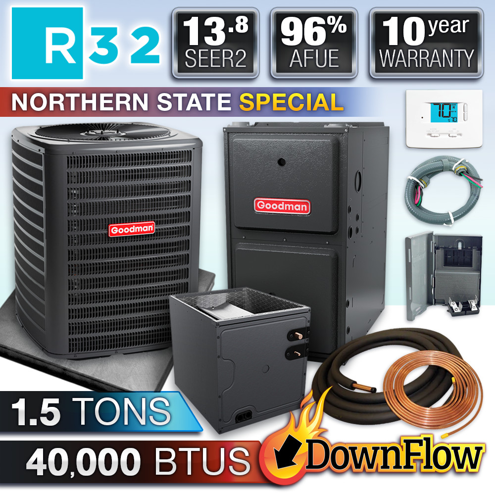 Goodman 1.5 Ton R32 Air Conditioner & Downflow 40000 BTU 96% Gas Furnace System gallery