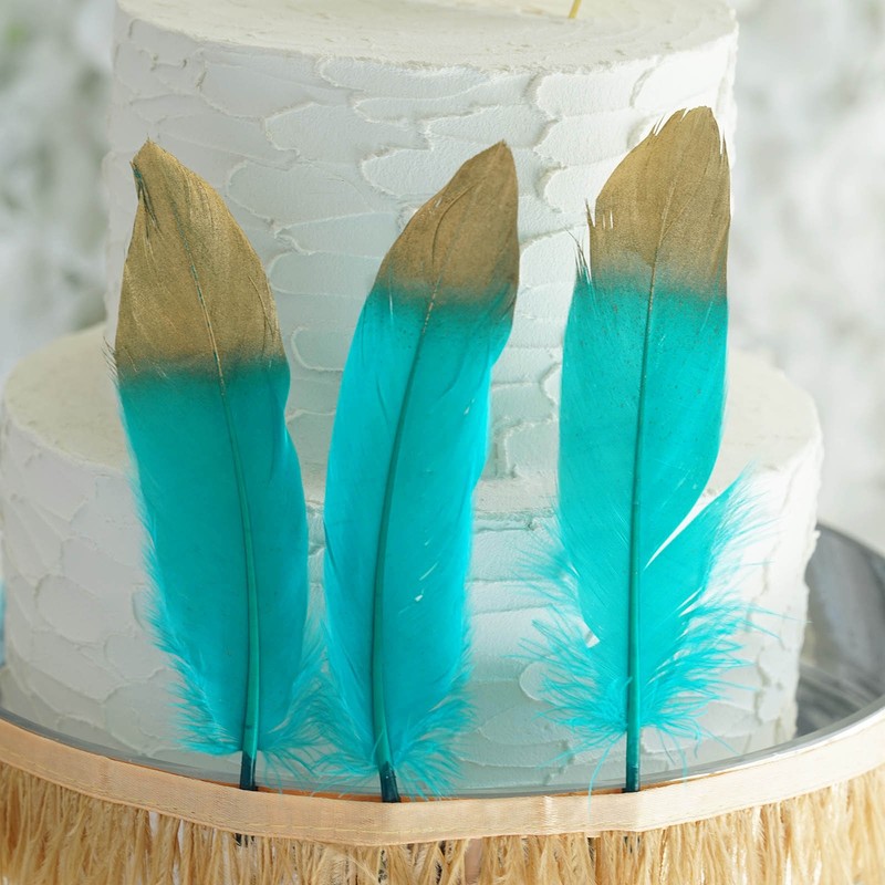 60 TURQUOISE with Metallic Gold Tip Natural Goose Feathers Wedding Decorations gallery